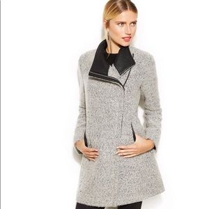 Calvin Klein Asymmetrical Faux Leather Wool Coat